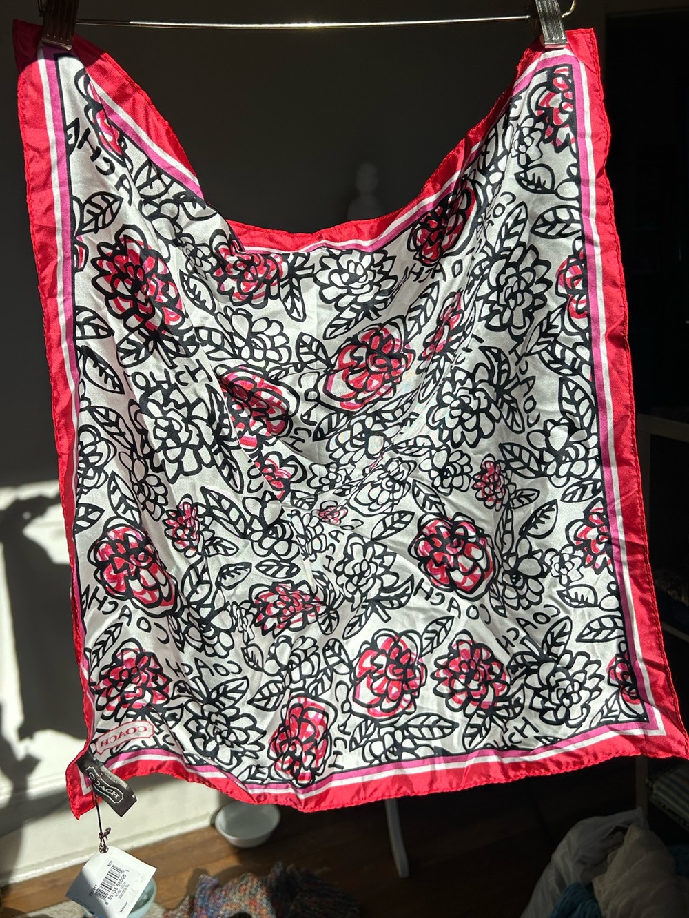 Coach Pink, Black and White Floral Silk Scarf